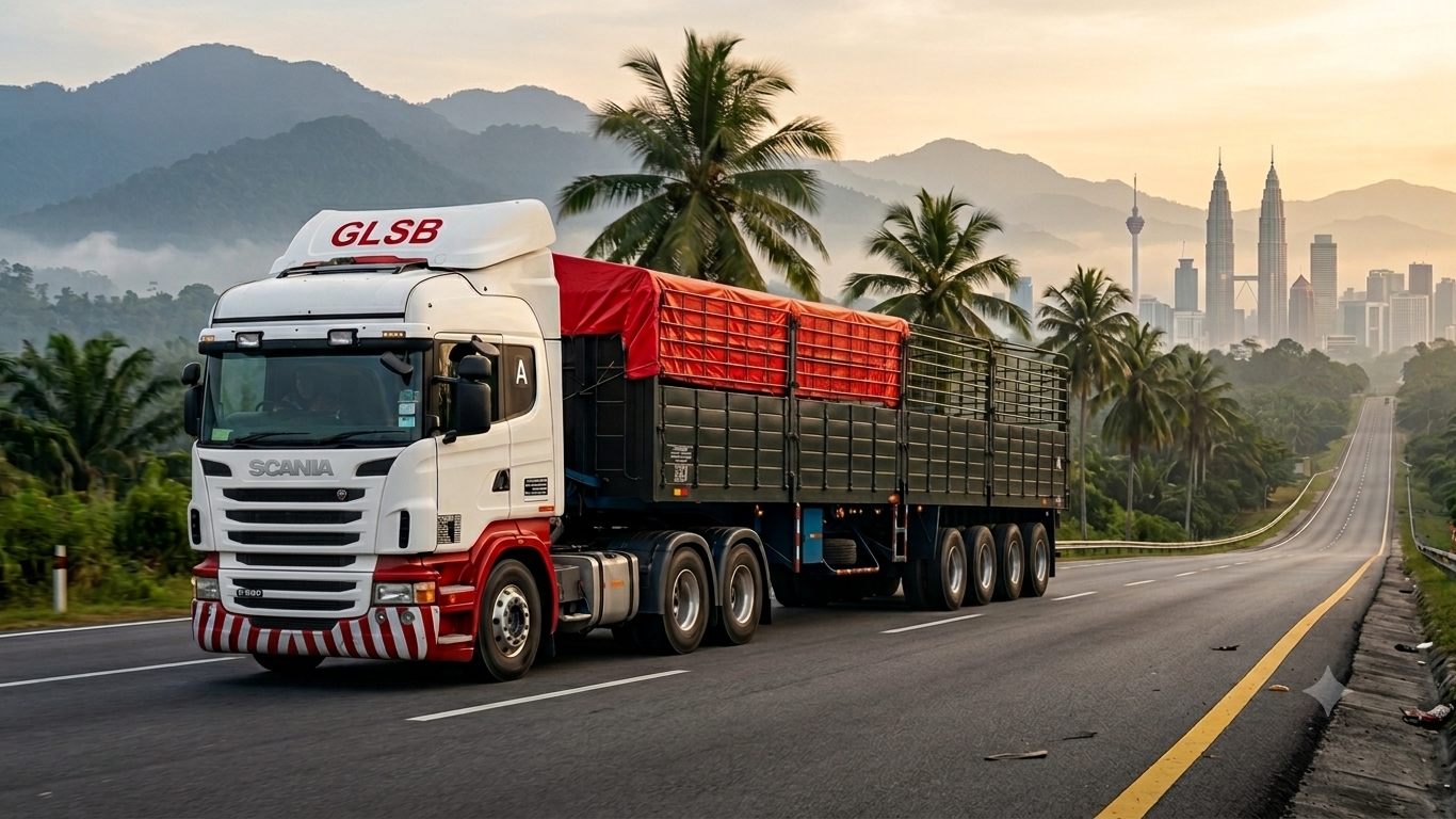 GLSB high-railing cargo truck on the highway with the KL skyline behind
